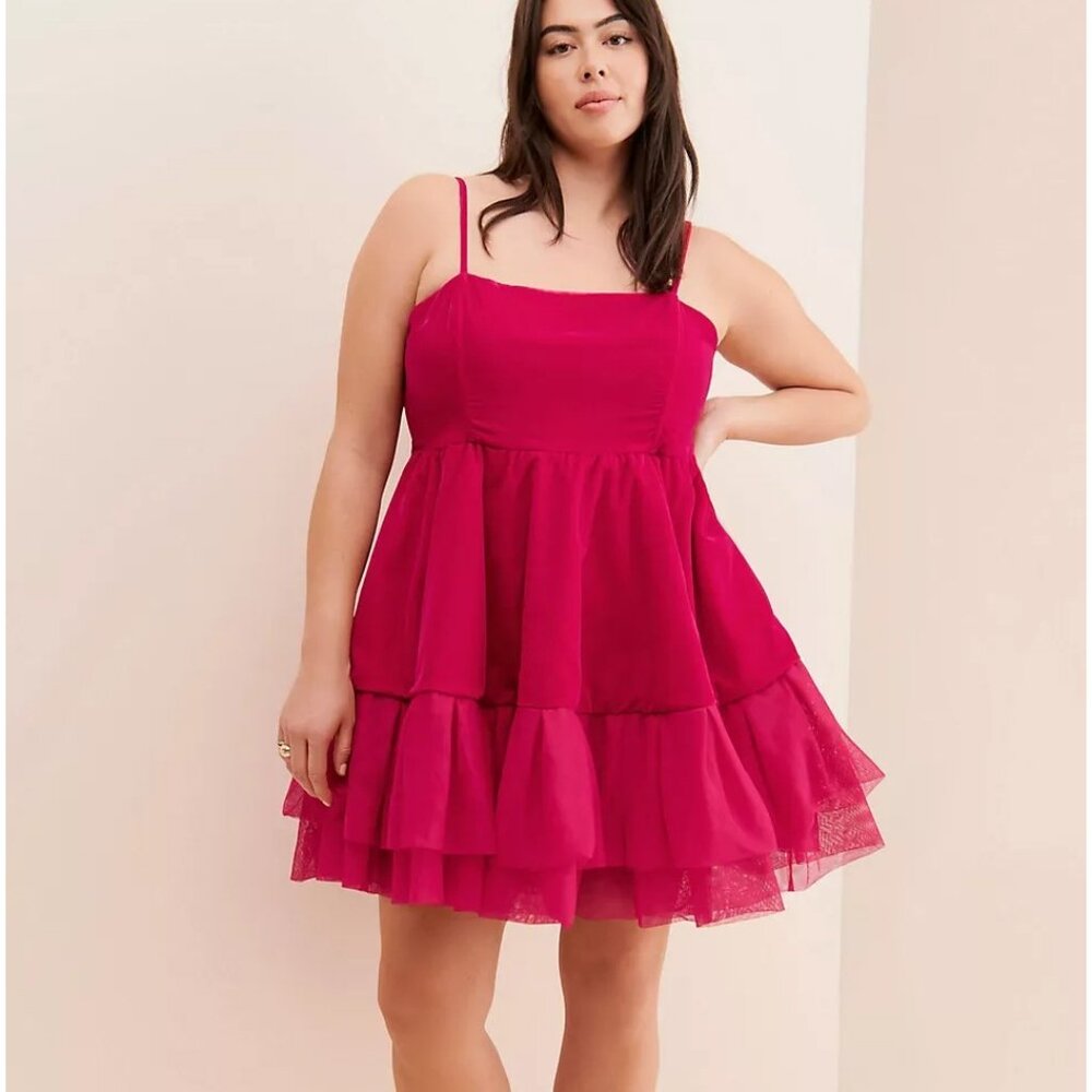 Anthropologie Let Me Be Red Velvet Tulle Babydoll Ruffle Tiered Party Dress M